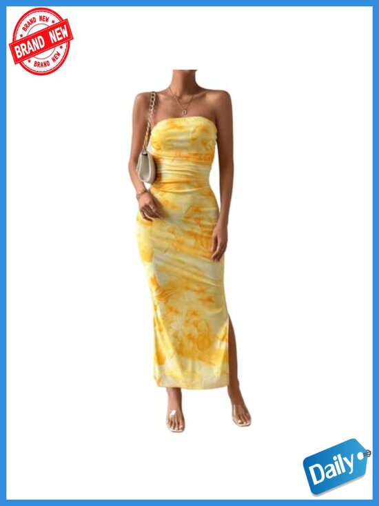 Dresses & Skirts - Strapless Tube Bodycon Maxi Dress with Side Slit and Mesh Layering